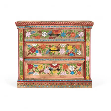 Cómoda de Madera de Mango 3 Cajones Pintado Artesanal Floreado - Giner y Colomer (2)