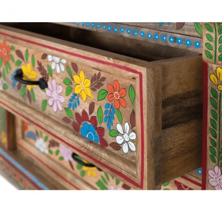 Cómoda de Madera de Mango 3 Cajones Pintado Artesanal Floreado - Giner y Colomer (3)