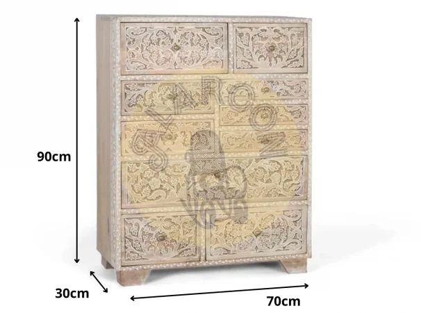Cómoda de Madera de Mango con 10 Cajones Tallados a Mano - 90x70x30 cm-MOVIL (2)