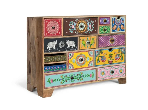 Cómoda de Madera de Mango con 14 Cajones Tallados a Mano - 120x40x90 Cm - Giner y Colomer (1)