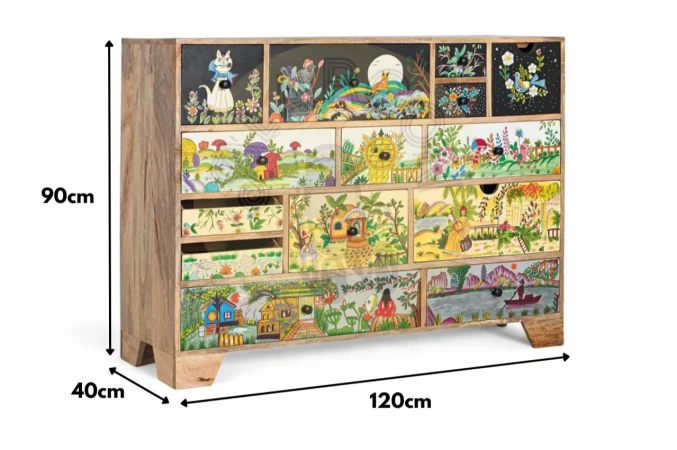 Cómoda de Madera de Mango con 14 Cajones Tallados a Mano 120x40x90 Cm - Giner y Colomer (1)