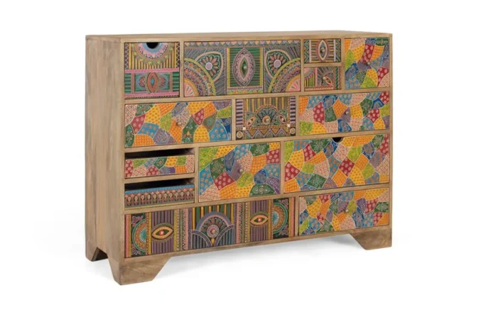 Cómoda de Madera de Mango con 14 Cajones Tallados a Mano - 120x40x90 Cm - Giner y Colomer (1)