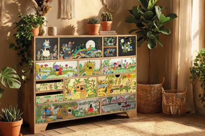 Cómoda de Madera de Mango con 14 Cajones Tallados a Mano 120x40x90 Cm - Giner y Colomer (2)