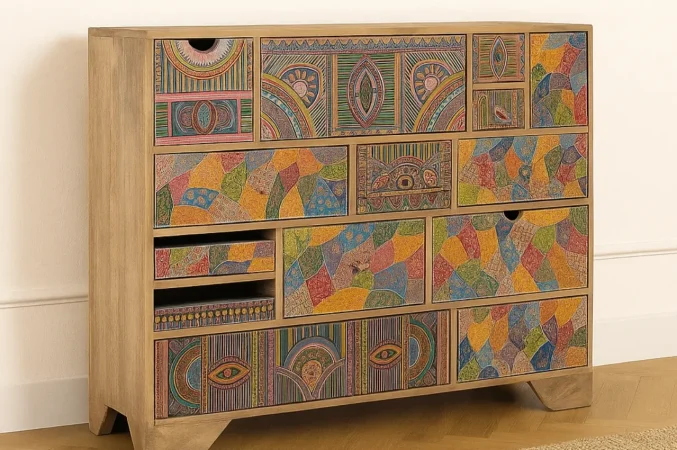 Cómoda de Madera de Mango con 14 Cajones Tallados a Mano - 120x40x90 Cm - Giner y Colomer (2)