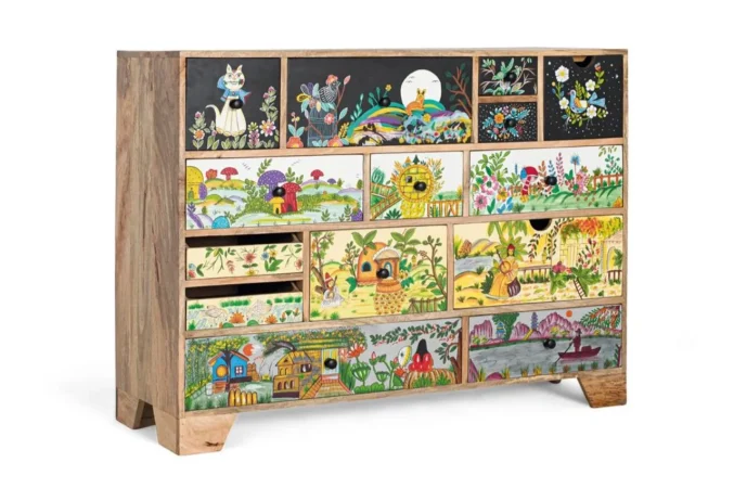 Cómoda de Madera de Mango con 14 Cajones Tallados a Mano 120x40x90 Cm - Giner y Colomer (3)