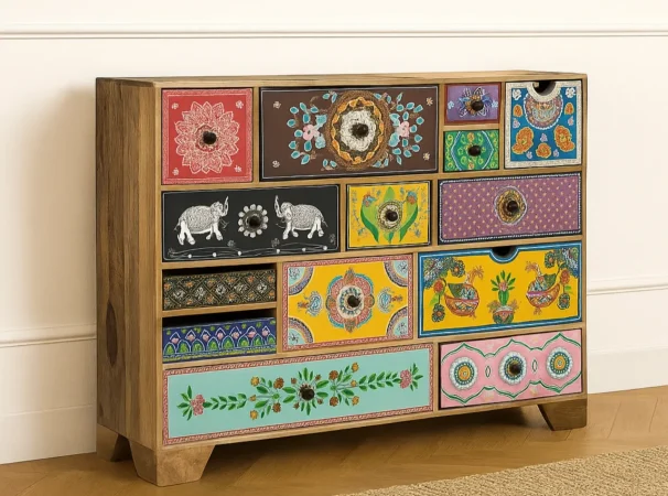 Cómoda de Madera de Mango con 14 Cajones Tallados a Mano - 120x40x90 Cm - Giner y Colomer (4)