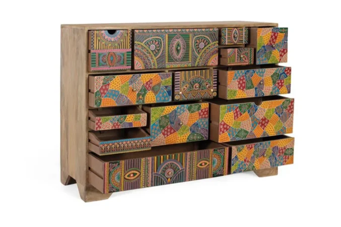 Cómoda de Madera de Mango con 14 Cajones Tallados a Mano - 120x40x90 Cm - Giner y Colomer (4)