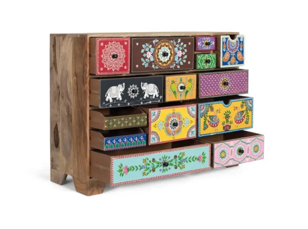 Cómoda de Madera de Mango con 14 Cajones Tallados a Mano - 120x40x90 Cm - Giner y Colomer (5)