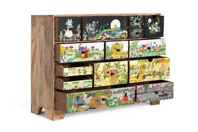 Cómoda de Madera de Mango con 14 Cajones Tallados a Mano 120x40x90 Cm - Giner y Colomer (5)