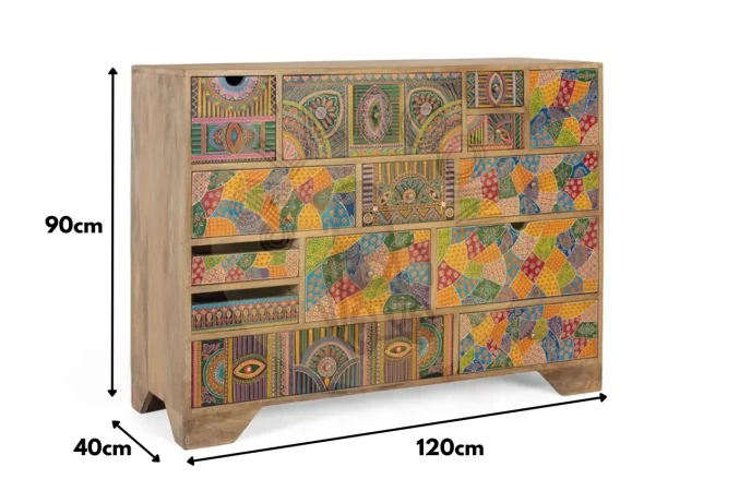 Cómoda de Madera de Mango con 14 Cajones Tallados a Mano - 120x40x90 Cm - Giner y Colomer (5)