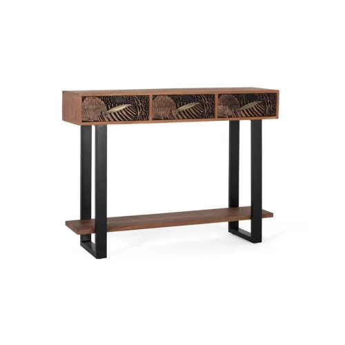 Cónsola 3 Cajones Madera De Acacia Tallada y Patas Metal Colección Tropicana 120x35x91 Cm - Giner y Colomer (1)