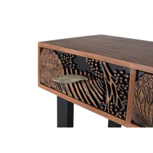 Cónsola 3 Cajones Madera De Acacia Tallada y Patas Metal Colección Tropicana 120x35x91 Cm - Giner y Colomer (2)