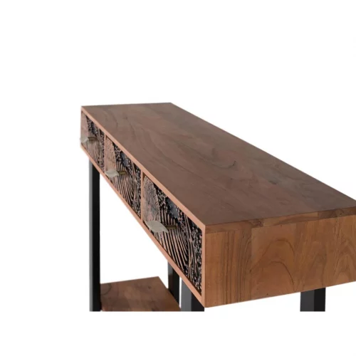 Cónsola 3 Cajones Madera De Acacia Tallada y Patas Metal Colección Tropicana 120x35x91 Cm - Giner y Colomer (4)