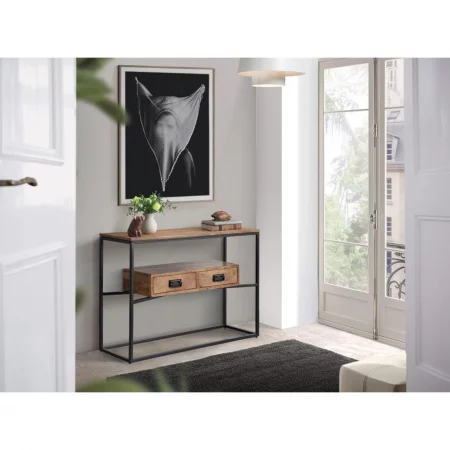 Consola Estilo Industrial Madera de Mango y Metal 2 Cajones 110x35x77 Cm - Giner y Colomer (4)