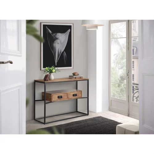 Consola Estilo Industrial Madera de Mango y Metal 2 Cajones 110x35x77 Cm - Giner y Colomer (4)