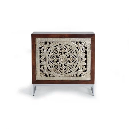 Consola Madera Mango 2 Puertas Talladas a Mano cPan de Plata 80x35x80 Cm - Giner y Colomer (3)