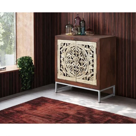 Consola Madera Mango 2 Puertas Talladas a Mano cPan de Plata 80x35x80 Cm - Giner y Colomer (6)