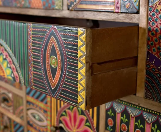 Consola Madera de Mango con 13 Cajones Tallados a Mano 110x36x105 Cm - Giner y Colomer (5)