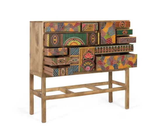 Consola Madera de Mango con 13 Cajones Tallados a Mano 110x36x105 Cm - Giner y Colomer (6)