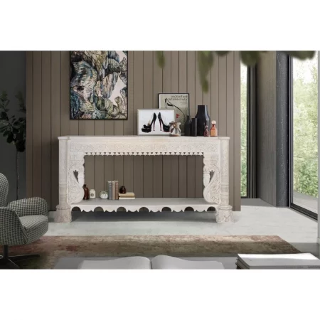Cónsola Tallada Madera de Mango Decapada Blanco Colección Bhopal 180x40x90 Cm - Giner y Colomer (1)