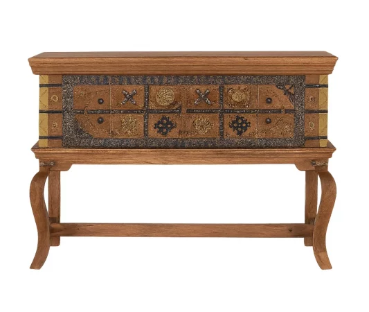 Consola antigua de madera y latón repujado con patas curvas – 116x40x80 cm-MOVIL (1)