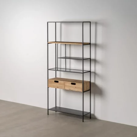 ESTANTERÍA NEGRO-NATURAL METAL-CRISTAL 80 X 26 X 180 CM-1