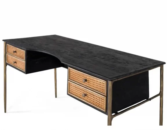 Escritorio de Madera de Mango y Rejilla Natural con 4 Cajones – 150x65x76 cm-MOVIL (2)