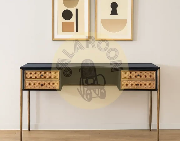 Escritorio de Madera de Mango y Rejilla Natural con 4 Cajones – 150x65x76 cm-MOVIL (4)