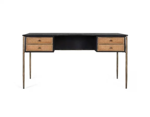 Escritorio de Madera de Mango y Rejilla Natural con 4 Cajones – 150x65x76 cm-MOVIL (5)