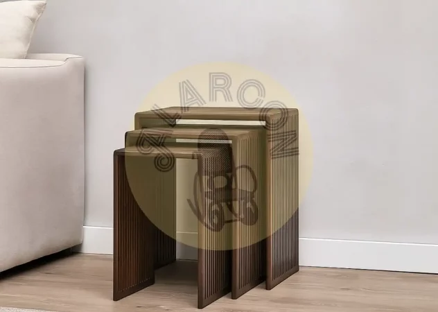 Juego de 3 Mesas Auxiliares de Madera de Teca Reciclada con Acabado Wengué – Diseño Ginger Joint-MOVIL (4)