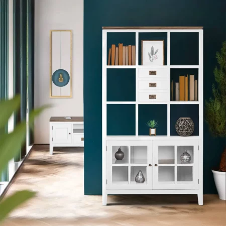Librería Blanca Madera Mindi 3 Cajones + 2 Puertas + 8 Huecos Colección Everest 110x40x190 Cm - Moycor (7)