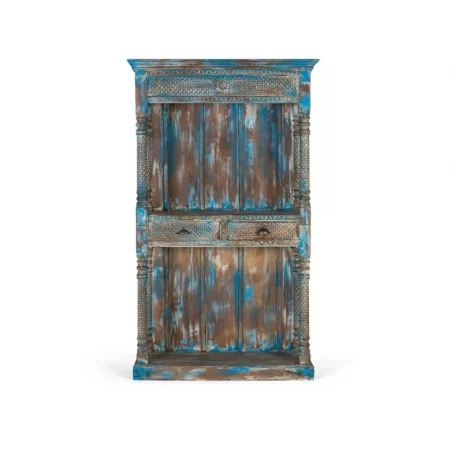 Librería Madera Mango Tallado a Mano Decapado Envejecido Color Azul 2 Cajones 107x42x180 - Giner y Colomer (2)