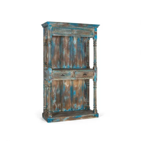 Librería Madera Mango Tallado a Mano Decapado Envejecido Color Azul 2 Cajones 107x42x180 - Giner y Colomer (4)