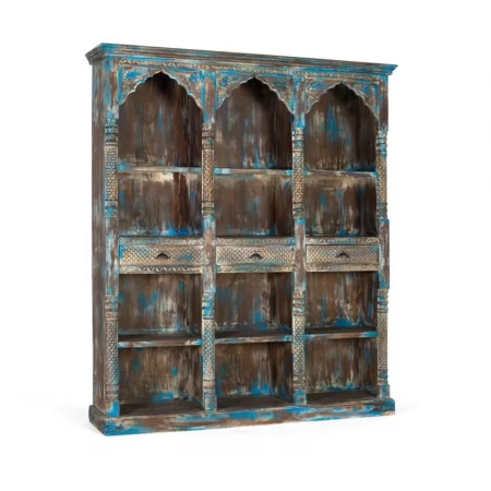 Librería Madera Mango Tallado a Mano Decapado Envejecido Color Azul 3 Cajones 170x38x195 Cm – Giner y Colomer (1)