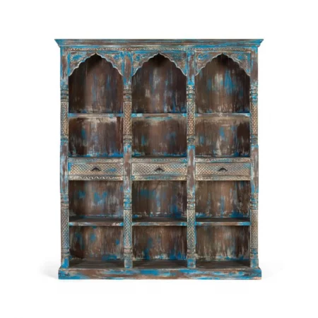 Librería Madera Mango Tallado a Mano Decapado Envejecido Color Azul 3 Cajones 170x38x195 Cm – Giner y Colomer (3)