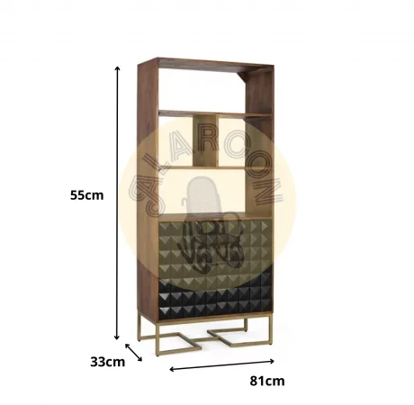 Librería de madera de mango con puertas geométricas negras y base dorada – 181x80x40 cm-MOVIL (2)