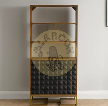 Librería de madera de mango con puertas geométricas negras y base dorada – 181x80x40 cm-MOVIL (3)