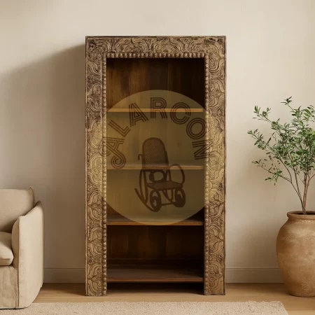 Librería de madera de mango tallada a mano con acabado envejecido–183x99x43cm-PC (1)