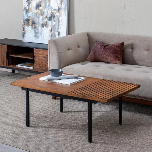 MESA CENTRO MARRÓN-NEGRO MADERA-HIERRO 110 X 60 X 40 CM-7