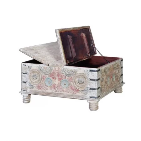 Mesa Centro Cuadrada Tipo Baúl Madera Mango Tallada a Mano 90x90x45 Cm - Giner y Colomer (2)