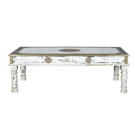Mesa Centro Madera Mango Decapada Blanco Detalles Bronce 140x80x45 Cm - Giner y Colomer (1)
