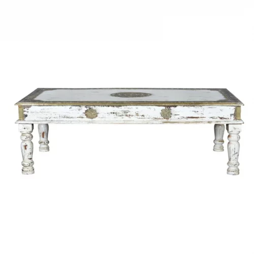 Mesa Centro Madera Mango Decapada Blanco Detalles Bronce 140x80x45 Cm - Giner y Colomer (1)