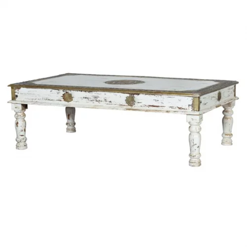 Mesa Centro Madera Mango Decapada Blanco Detalles Bronce 140x80x45 Cm - Giner y Colomer (2)
