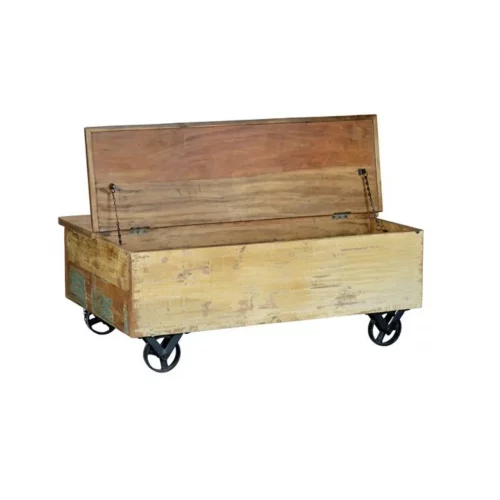 Mesa Centro Madera Reciclada cRuedas Hierro 5 Cajones Abertura Superior 110x70x42 Cm - Giner y Colomer (1)