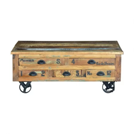 Mesa Centro Madera Reciclada cRuedas Hierro 5 Cajones Abertura Superior 110x70x42 Cm - Giner y Colomer (4)