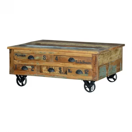 Mesa Centro Madera Reciclada cRuedas Hierro 5 Cajones Abertura Superior 110x70x42 Cm - Giner y Colomer (7)