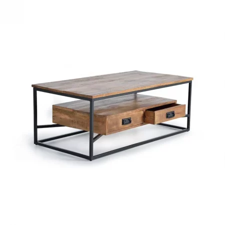 Mesa Centro Rectangular Madera Mango 2 Cajones Estilo Industrial 120x60x45 Cm - Giner y Colomer (4)