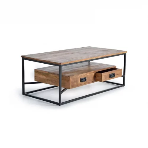 Mesa Centro Rectangular Madera Mango 2 Cajones Estilo Industrial 120x60x45 Cm - Giner y Colomer (4)