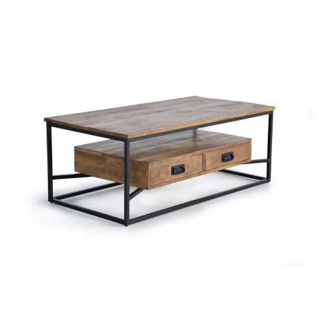 Mesa Centro Rectangular Madera Mango 2 Cajones Estilo Industrial 120x60x45 Cm - Giner y Colomer (7)