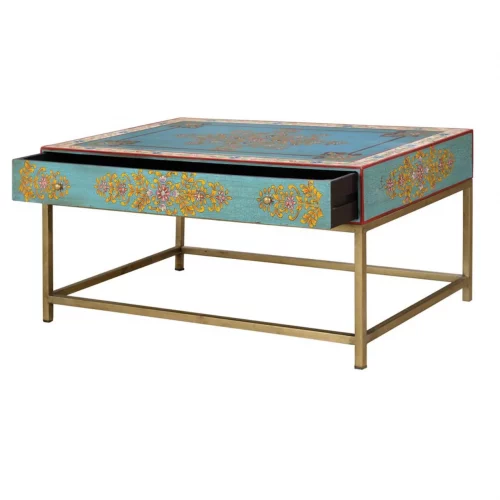 Mesa Centro Rectangular Multicolor Pintada a Mano 1 cajón Patas Metal 90x60x46 Cm - Giner y Colomer (2)
